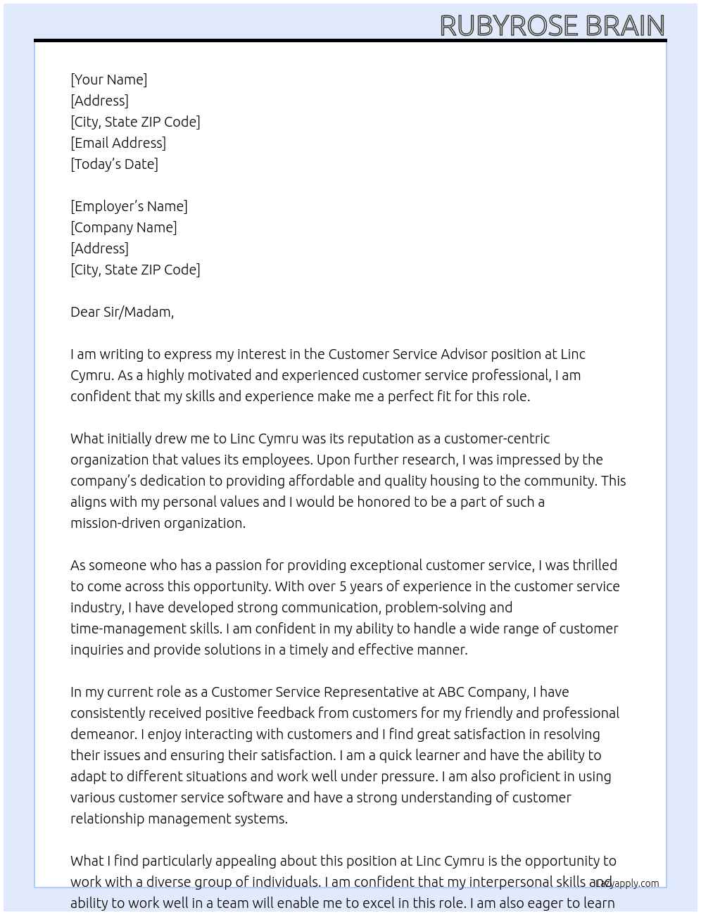 Customer Service Advisor   At Linc Cymru  Cover Letter