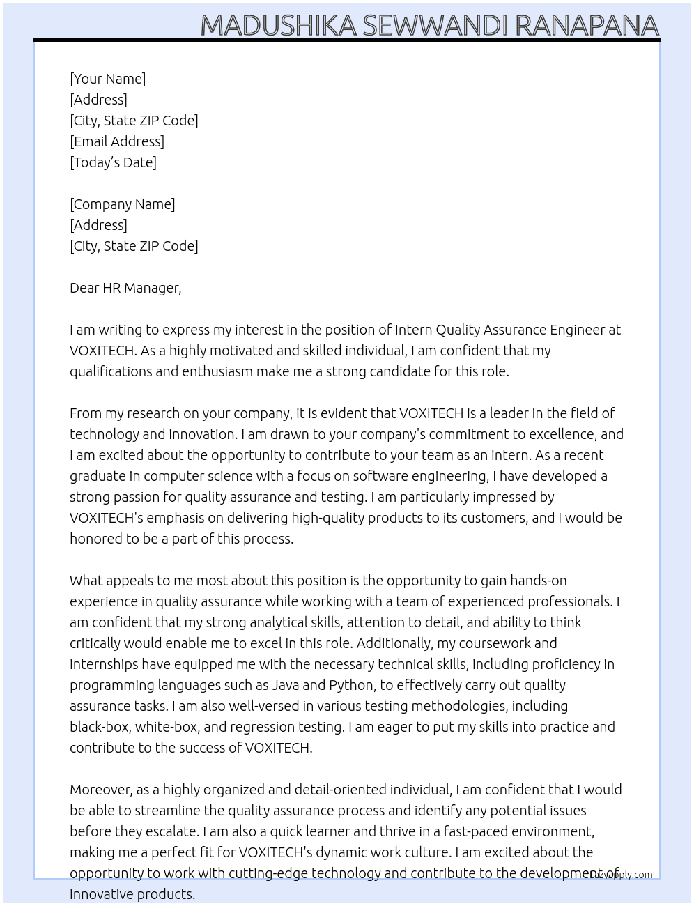 Intern quality assurance engineer At VOXITECH Cover Letter