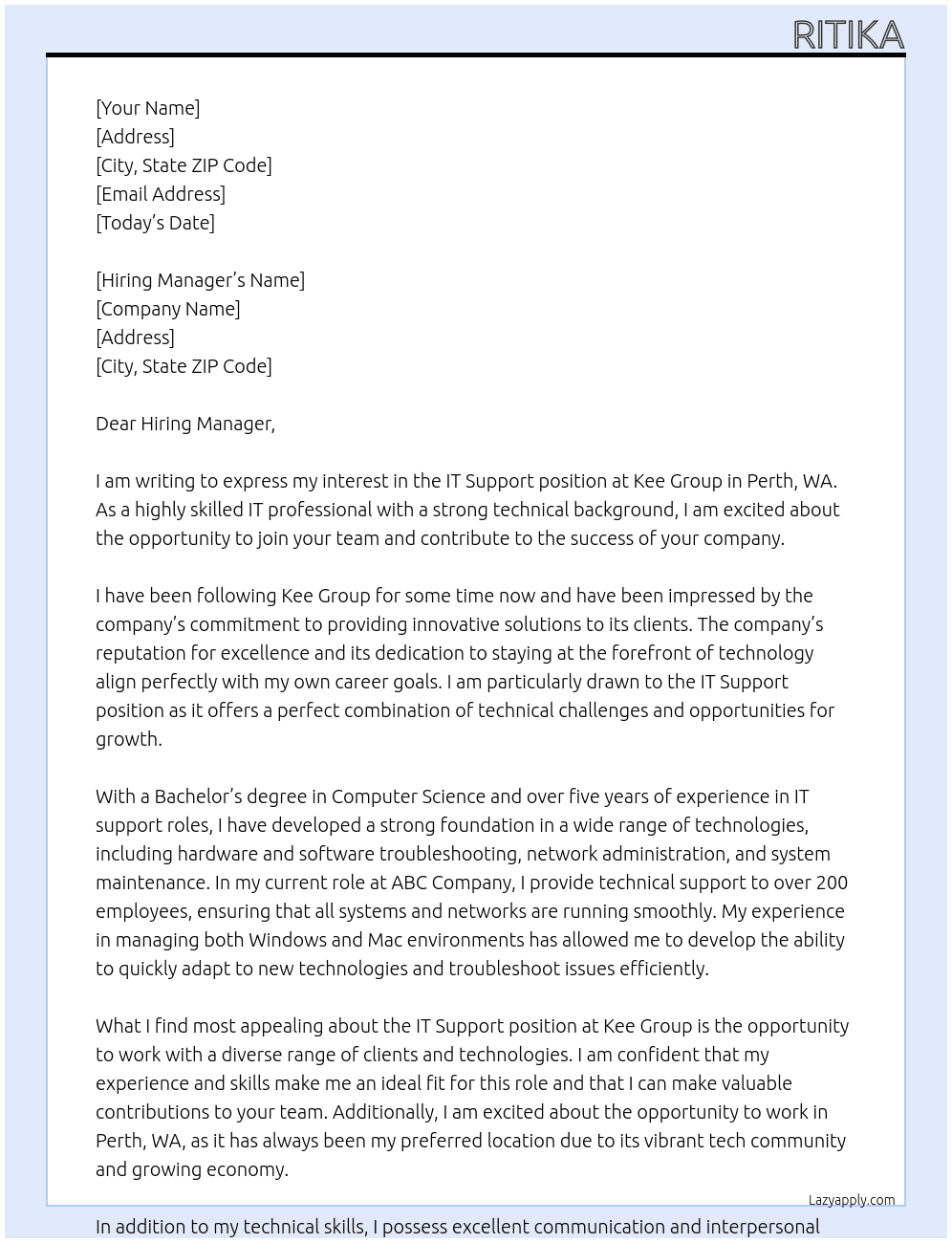 It support At Kee group Cover Letter