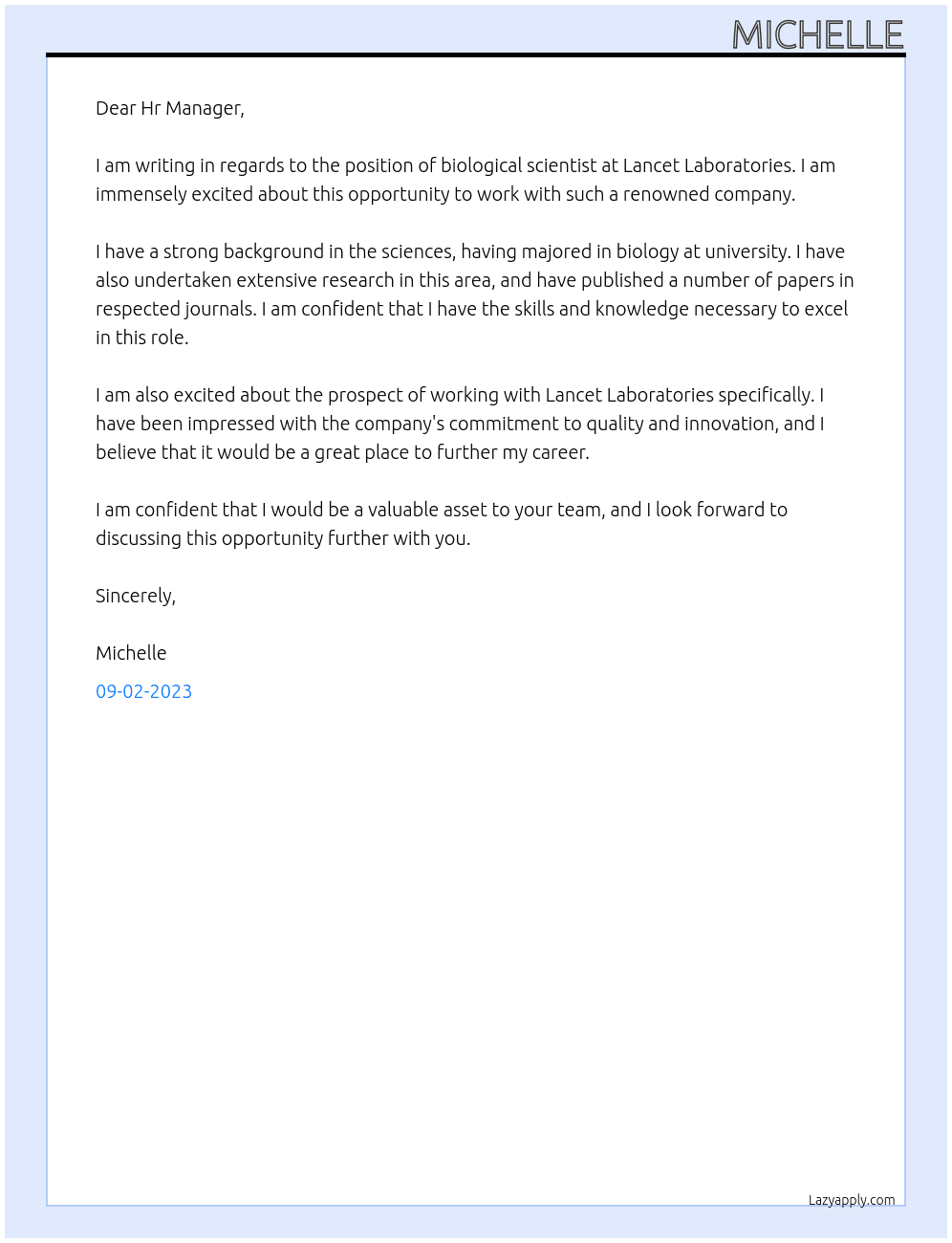 biological scientist At lancet laboratories Cover Letter