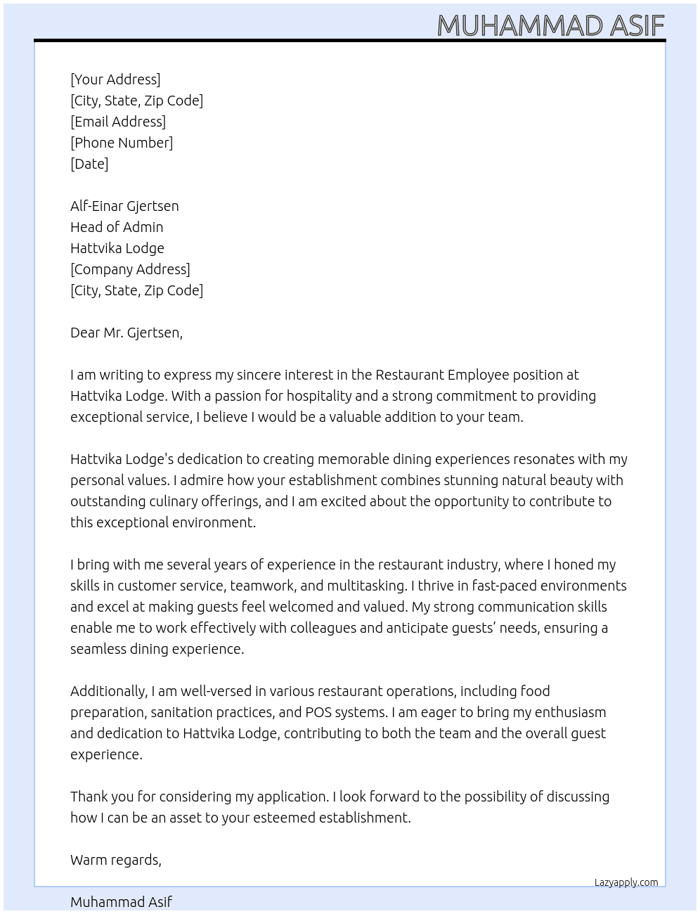 Restaurant employee At Hattvika Lodge Cover Letter