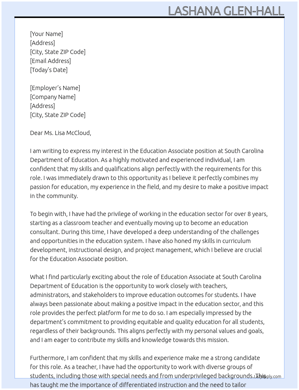 Education Associate At South Carolina Department of Education Cover Letter