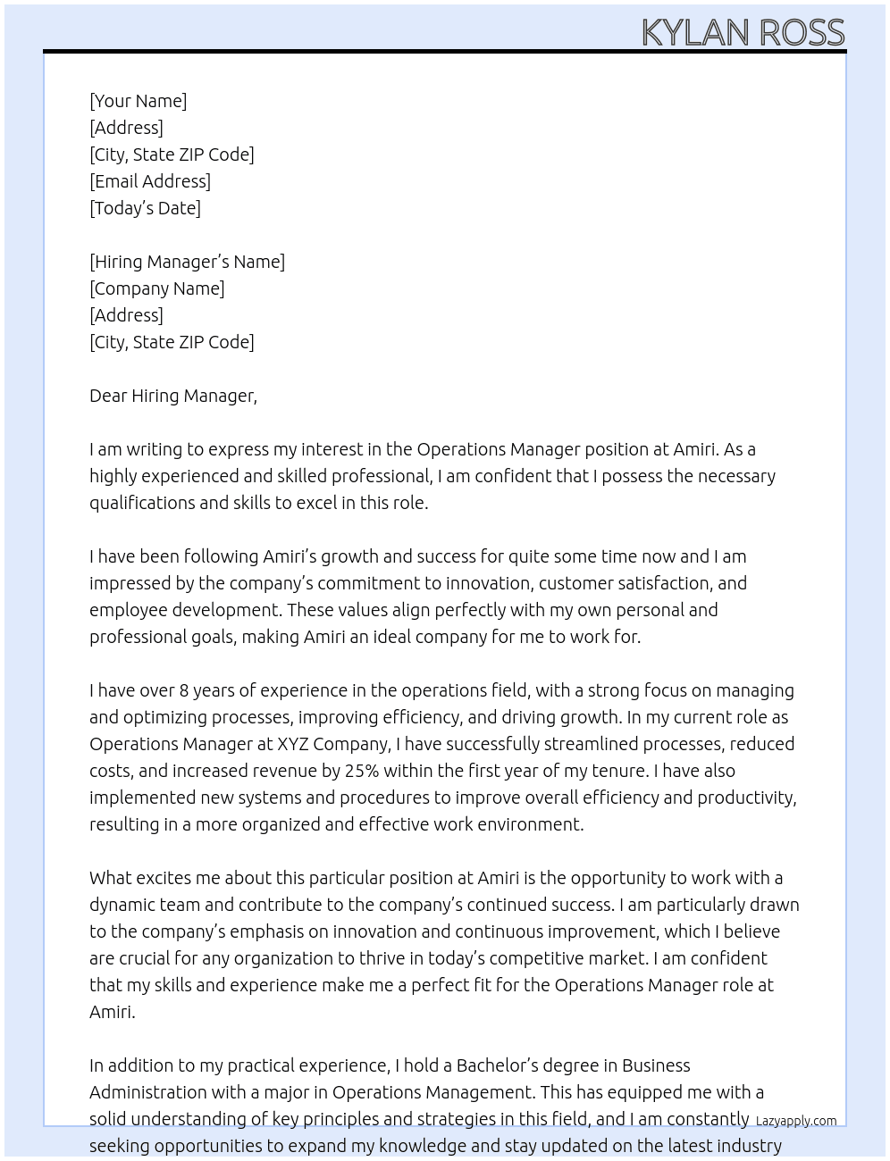 Operations Manager At Amiri Cover Letter