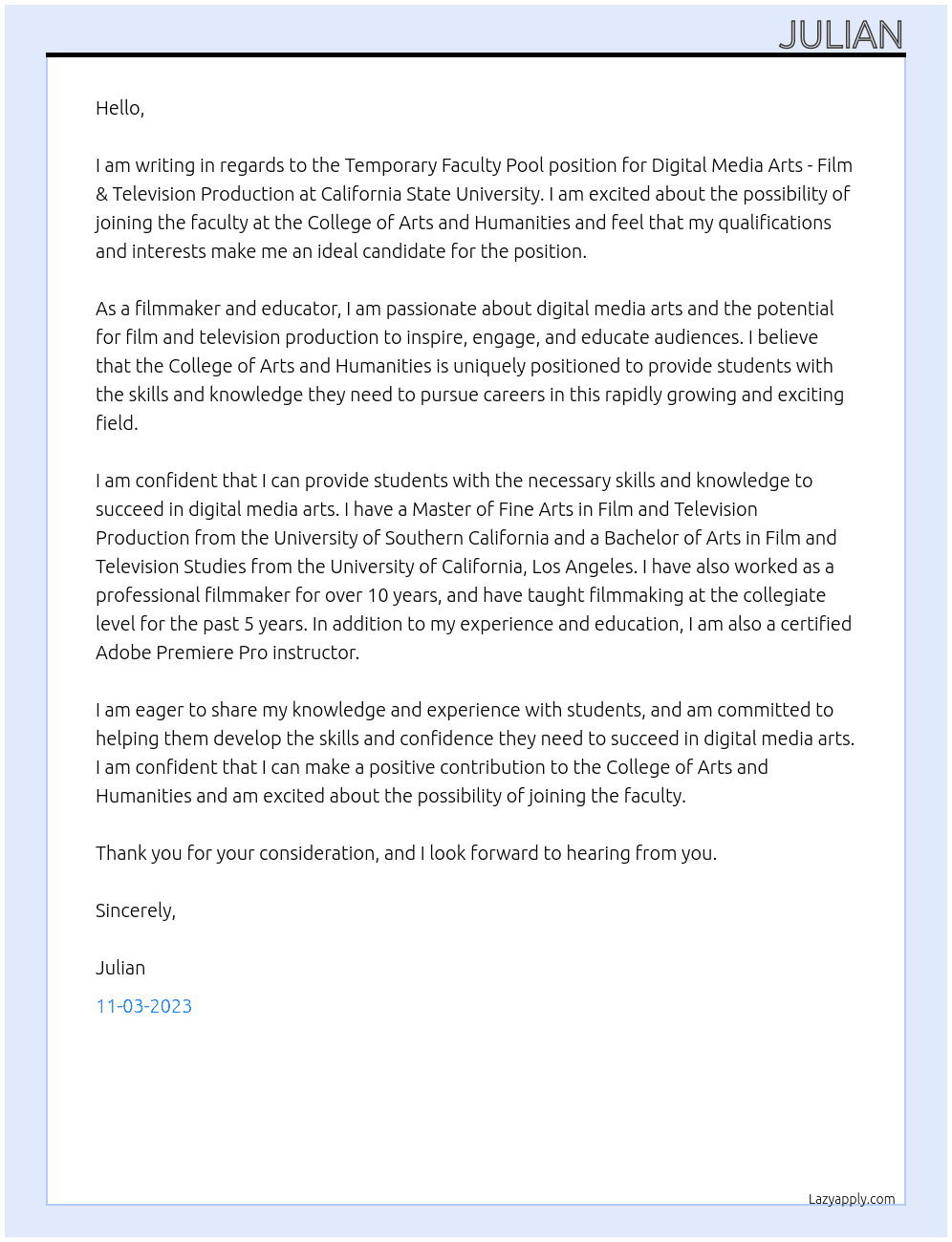 Temporary Faculty Pool, Digital Media Arts - Film & Television Production At California State University Cover Letter