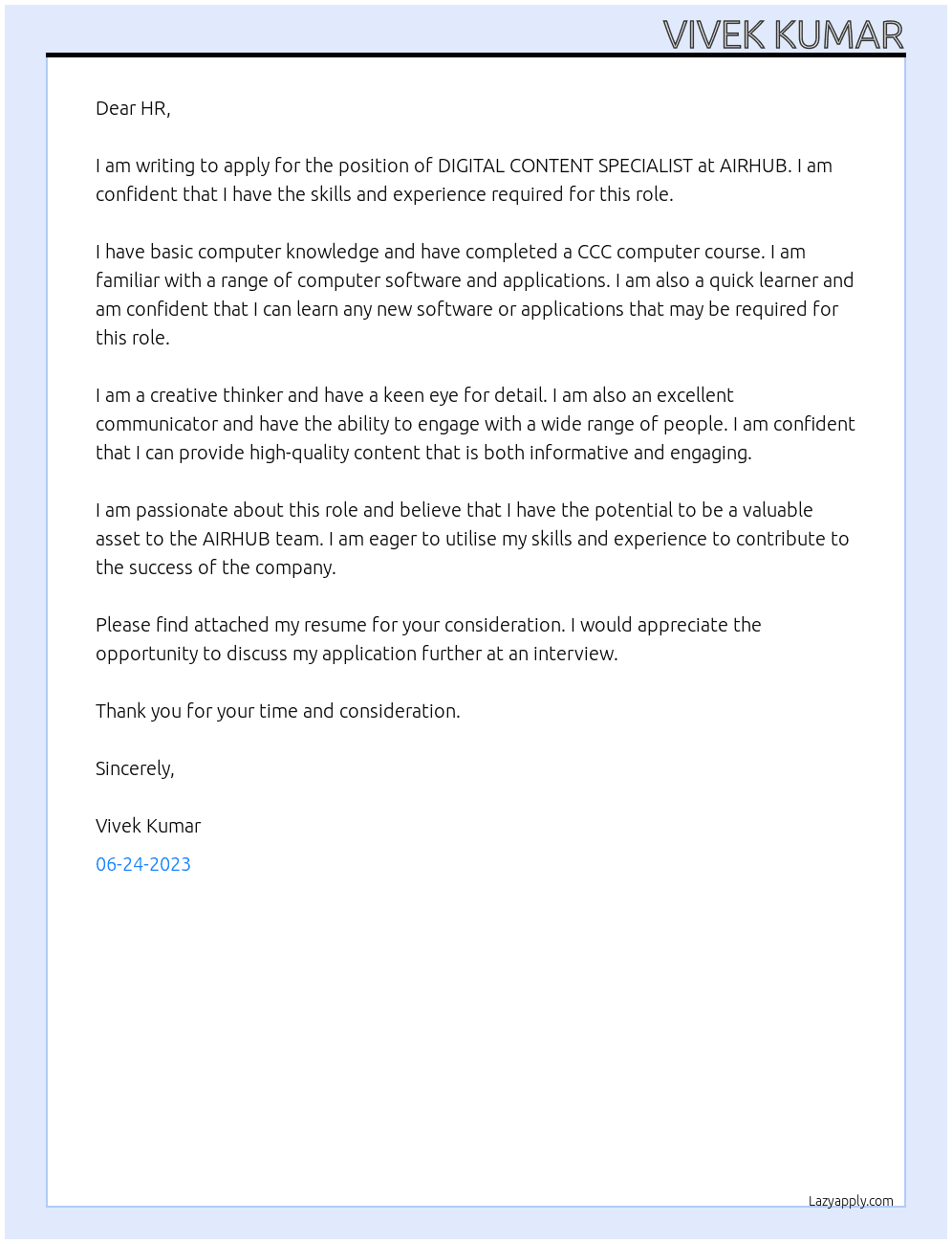 DIGITAL CONTENT SPECIALIST  At AIRHUB Cover Letter