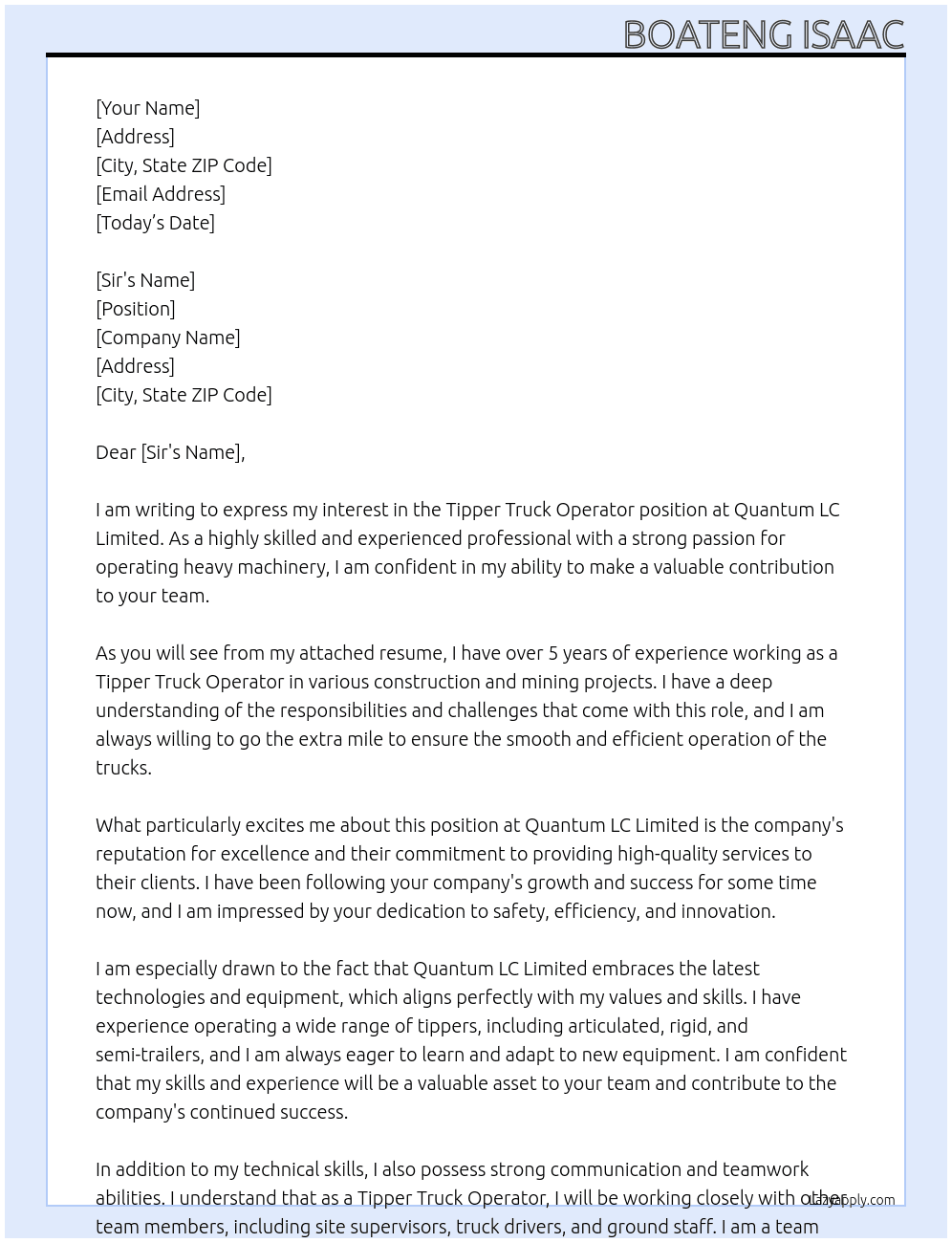 Tipper Truck Operator  At Quantum LC  Limited Cover Letter