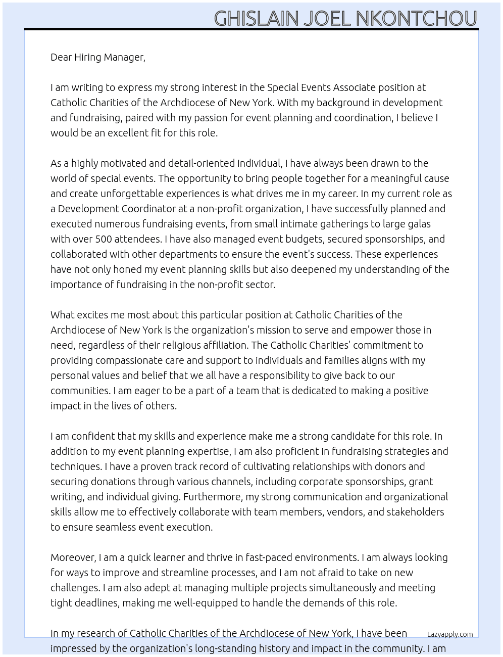 Special Events Associate - Development and Fundraising At Catholic Charities of the Archdiocese of New York Cover Letter