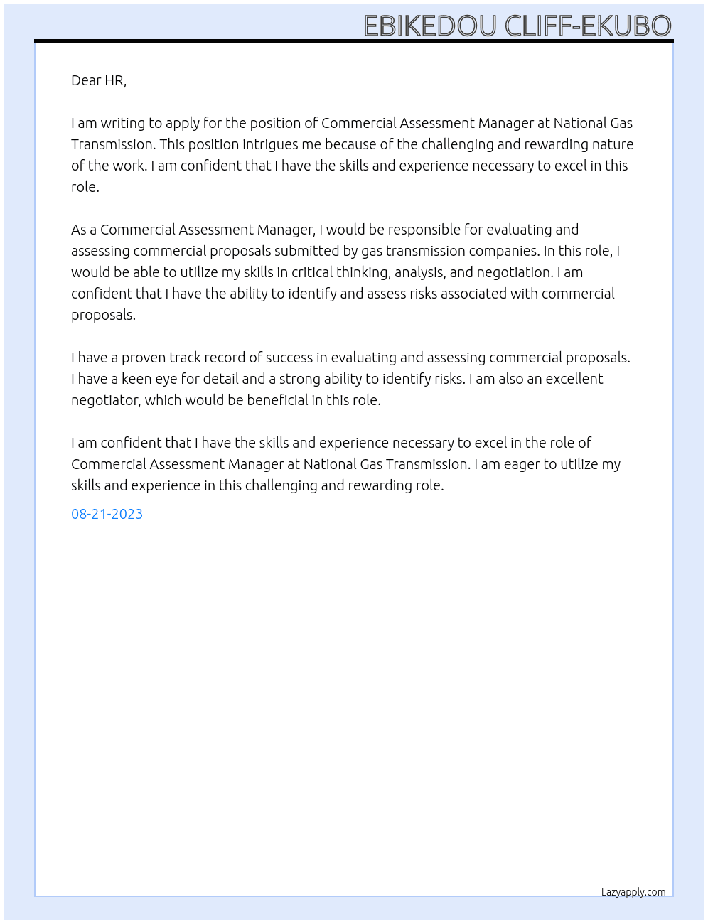 Commercial Assessment mananger At National Gas Transmission Cover Letter