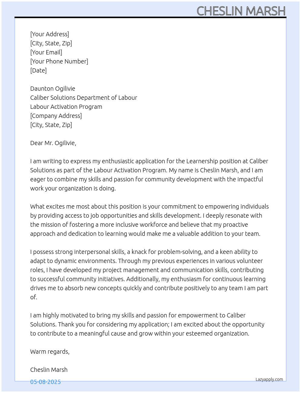 Learnership At Caliber Solutions Department of Labour Labour activation program  Cover Letter