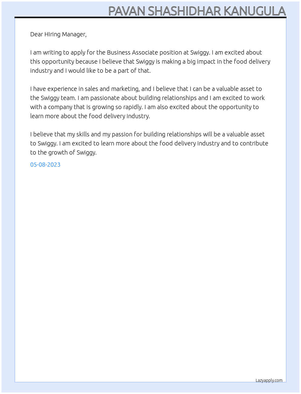 Business Associate At Swiggy Cover Letter