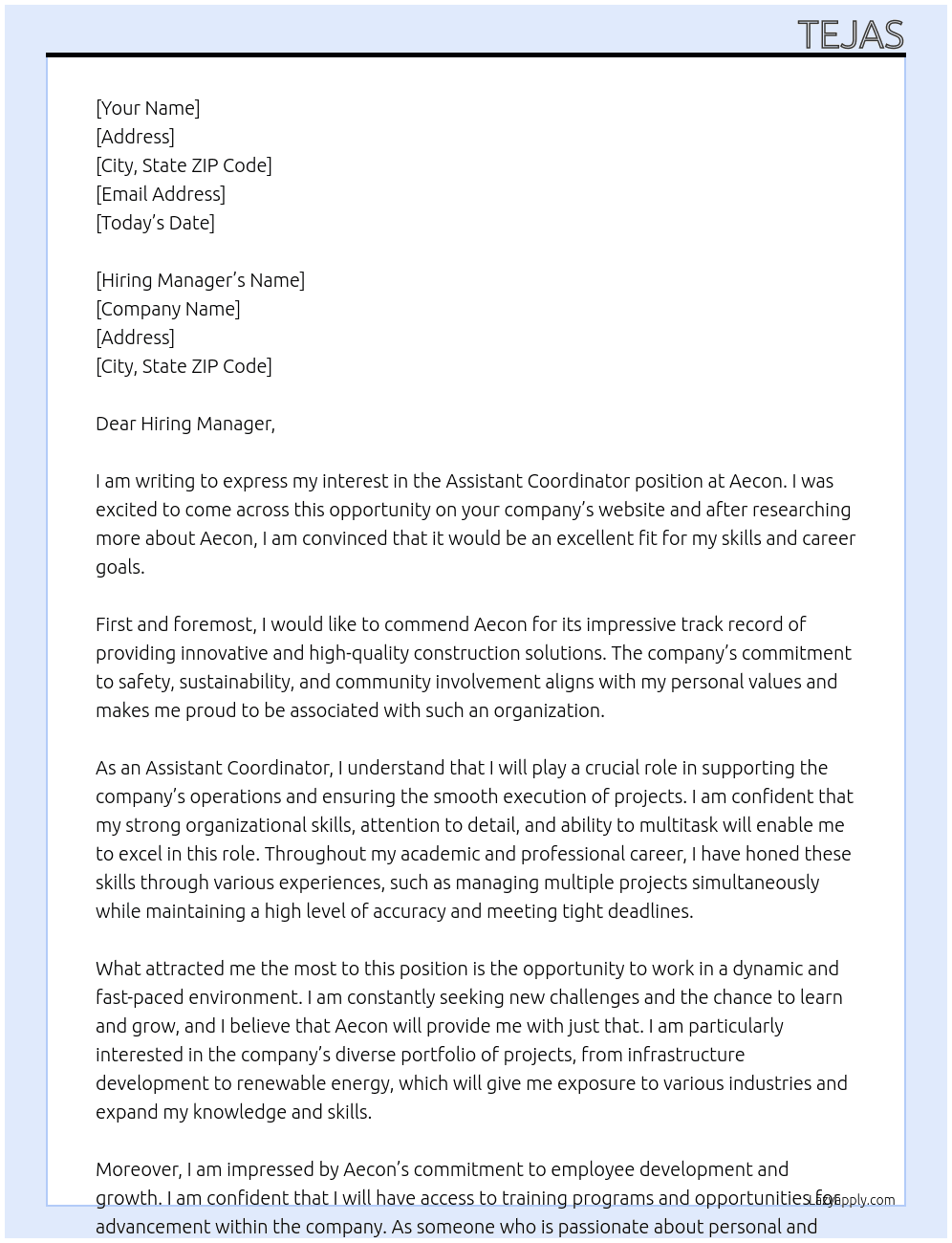 Assistant Coordinator At Aecon Cover Letter