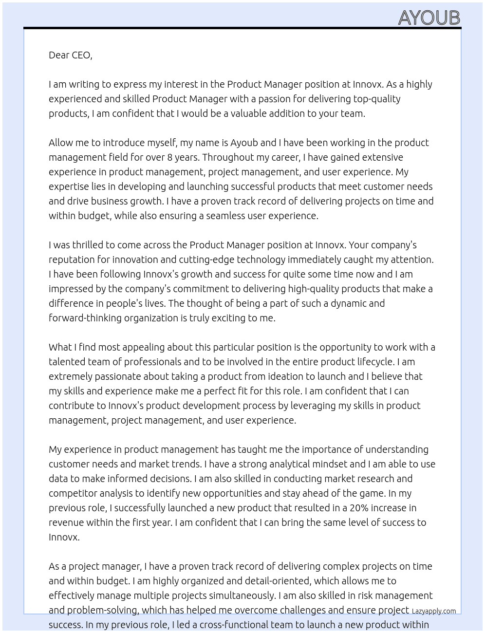 Product Manager At Innovx Cover Letter