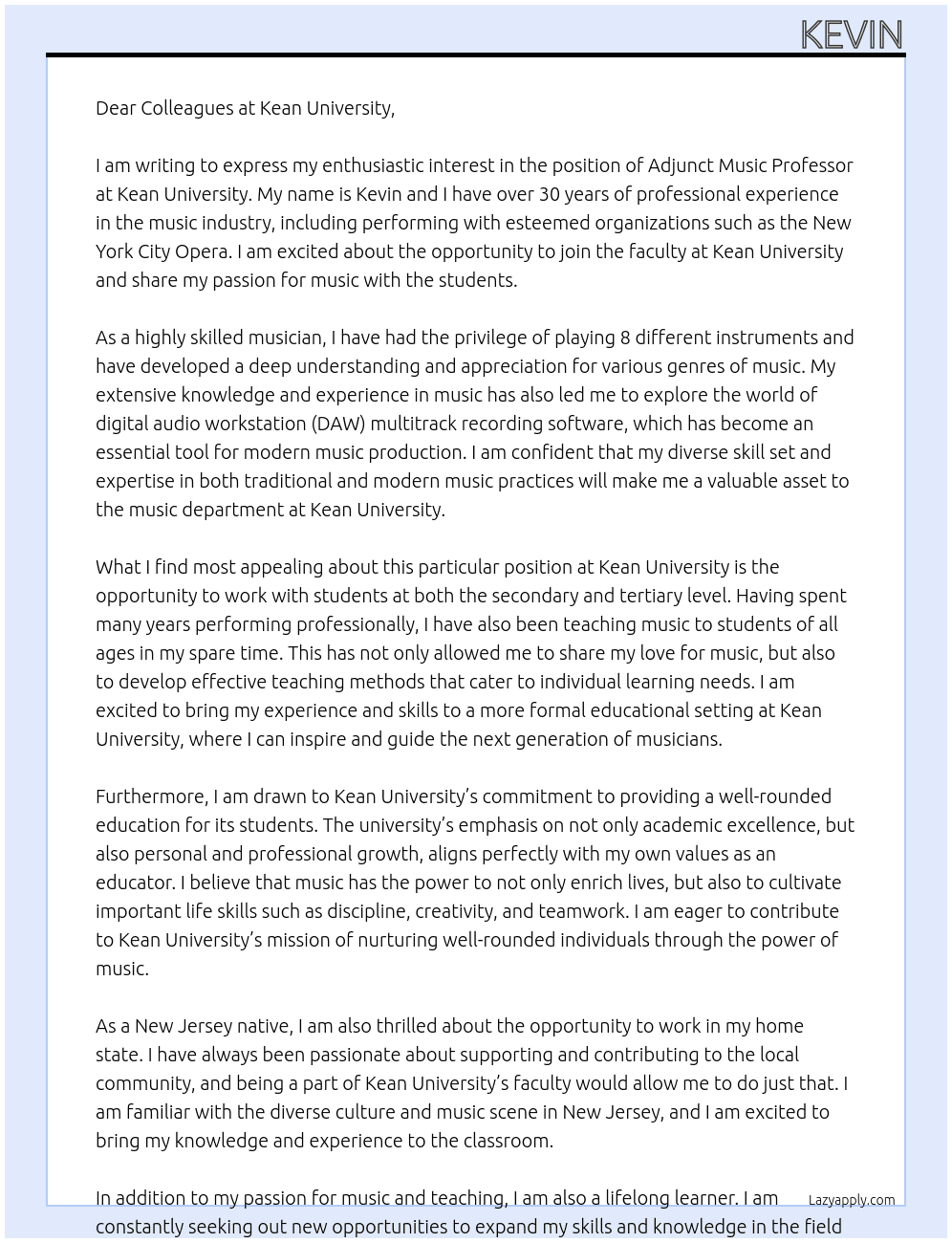 Adjunct Music professor At Kean University Cover Letter