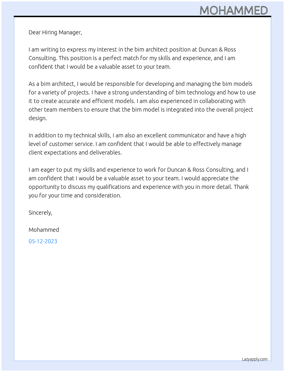 bim aRCHITECT At Duncan & Ross Consulting  Cover Letter