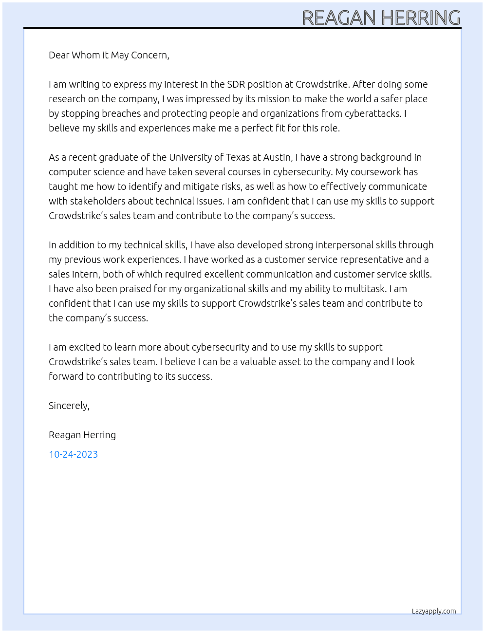 SDR At Crowdstrike Cover Letter