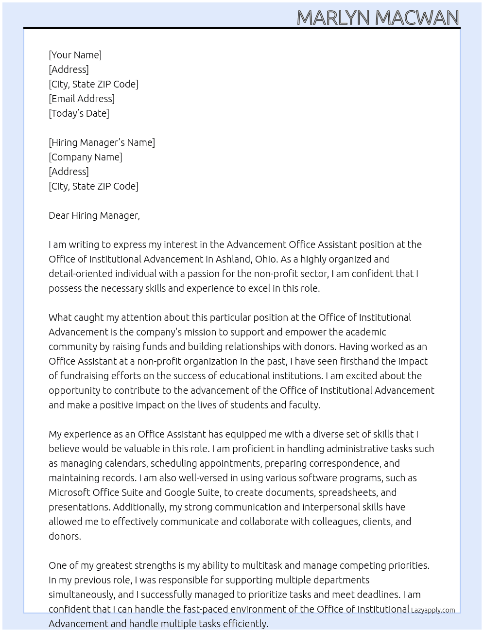 Advancement Office Assistant At Office of Institutional Advancement Cover Letter
