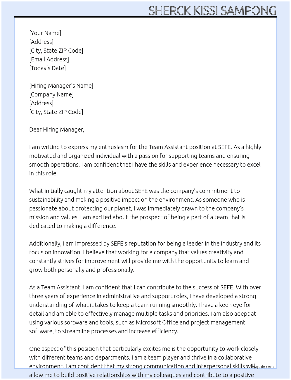 Team  Assistant At SEFE Cover Letter