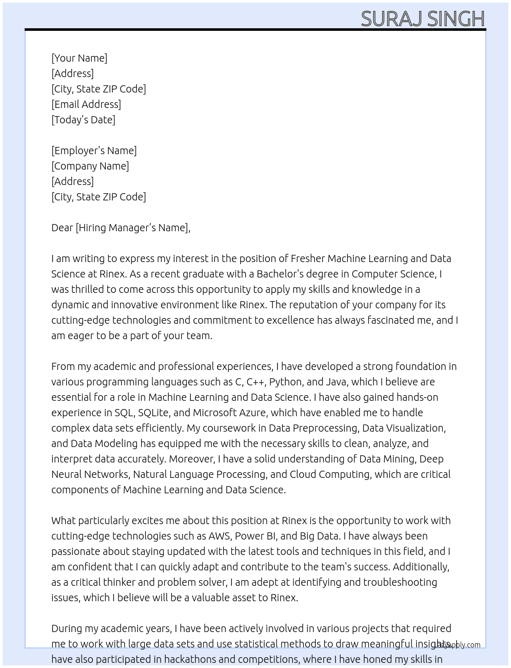 Fresher Machinie Learning and data science  At Rinex Cover Letter