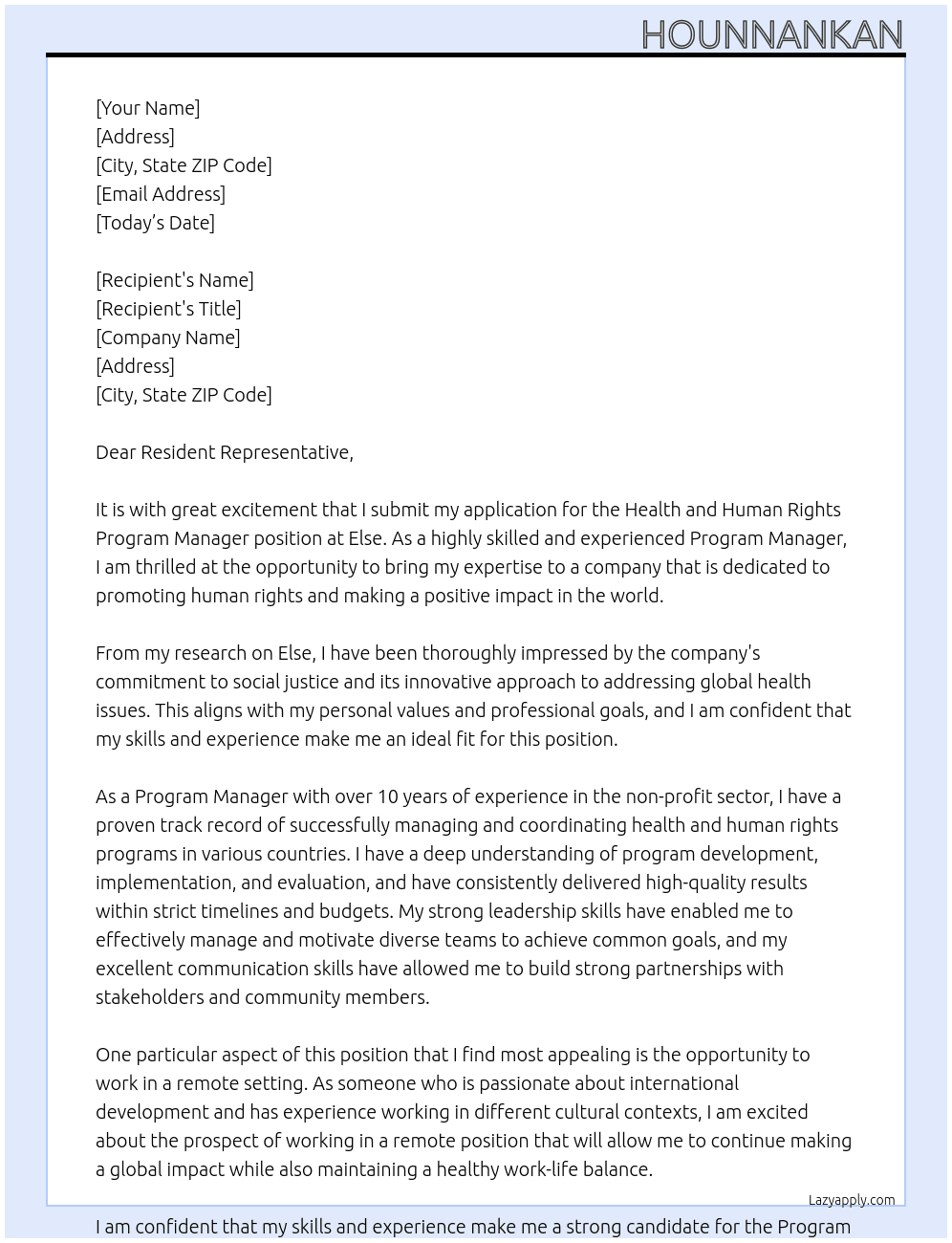 Health and human right Program manager At Else Cover Letter