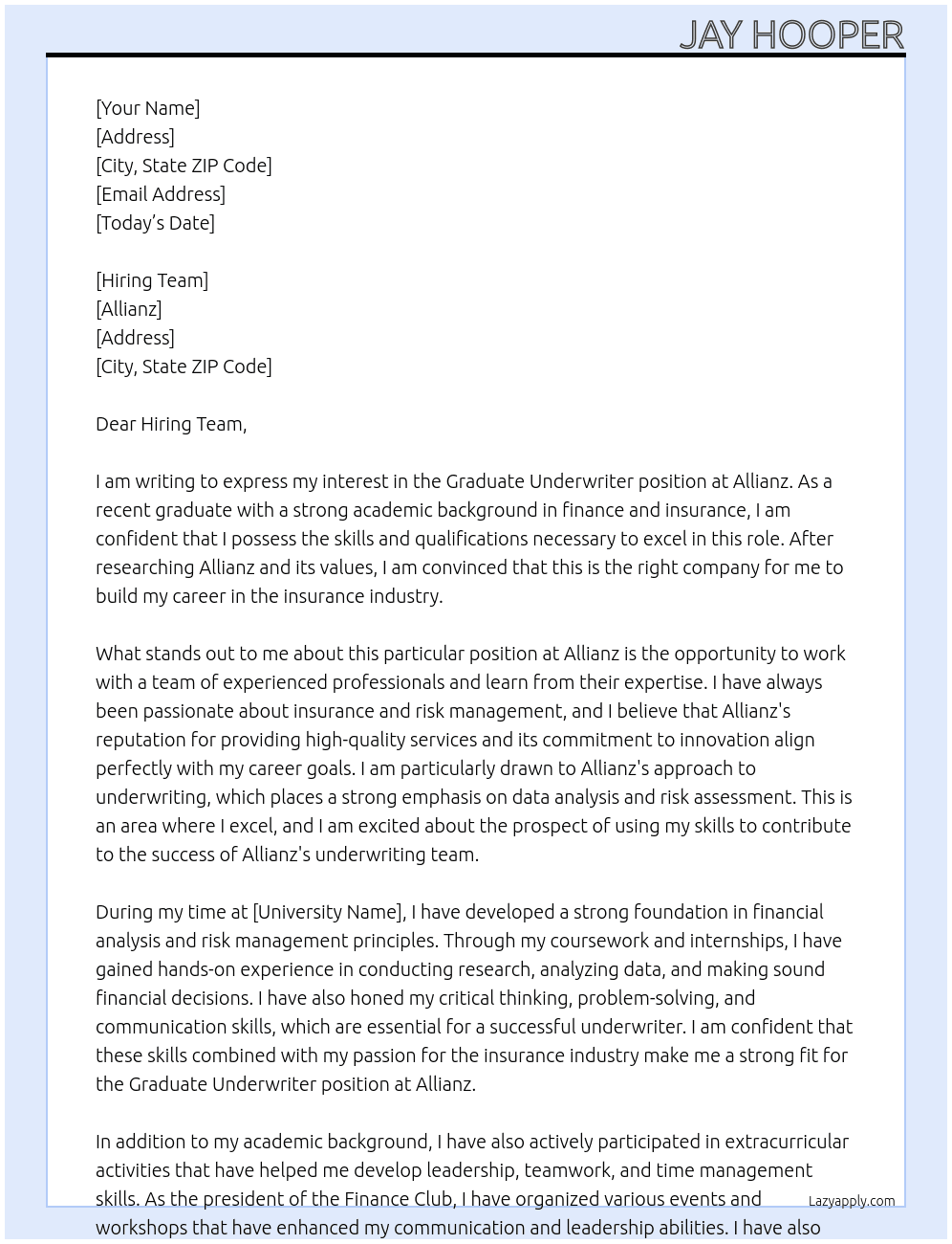 Graduate Underwriter At Allianz Cover Letter