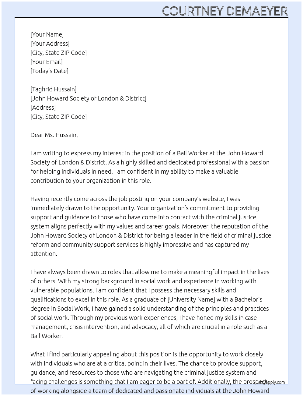 Bail Worker At John Howard Society of London & District Cover Letter