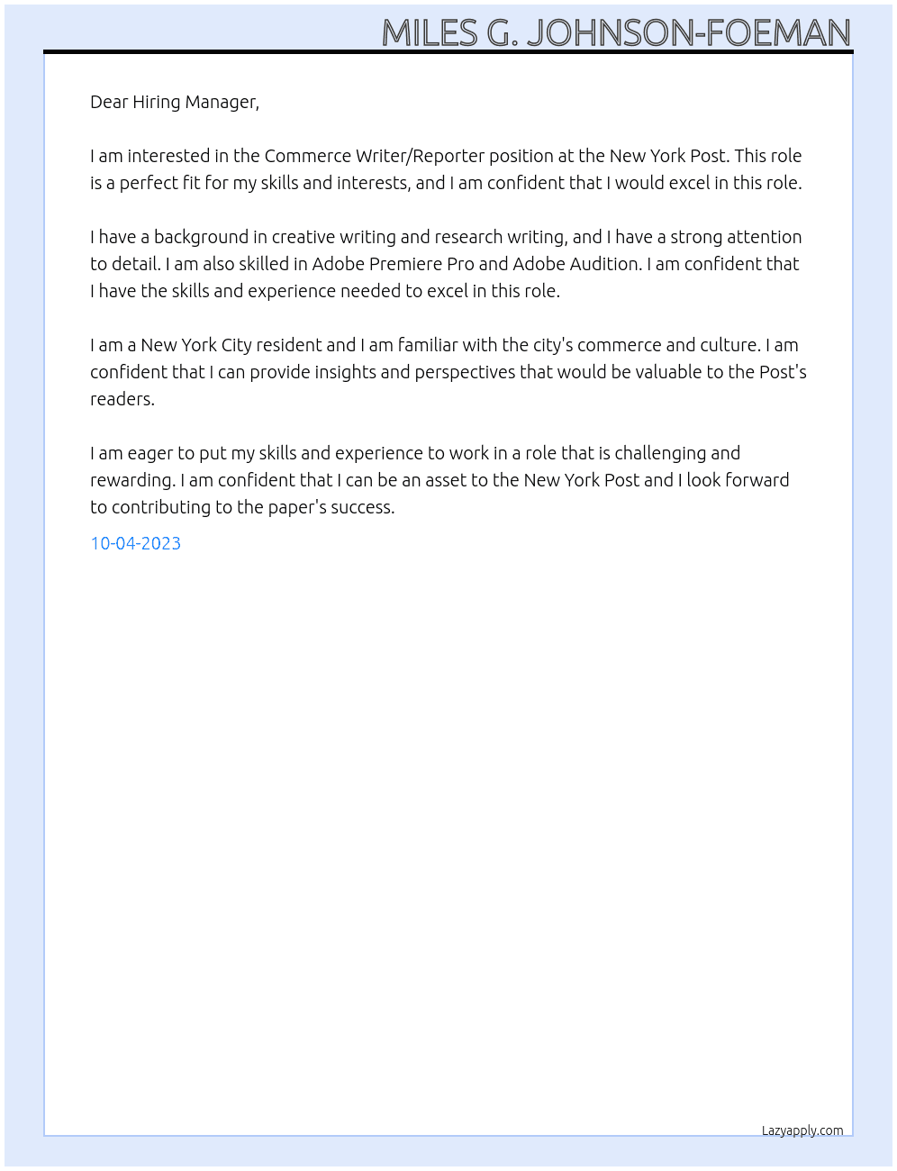 Commerce Writer/Reporter At New York Post Cover Letter