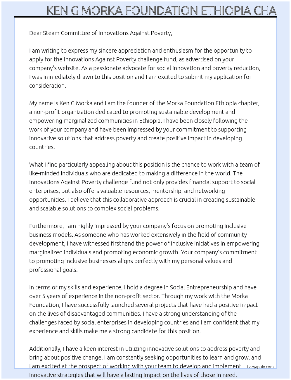 Applying on Innovations Against Poverty challenge fund  At Innovations Against Poverty challenge fund  Cover Letter