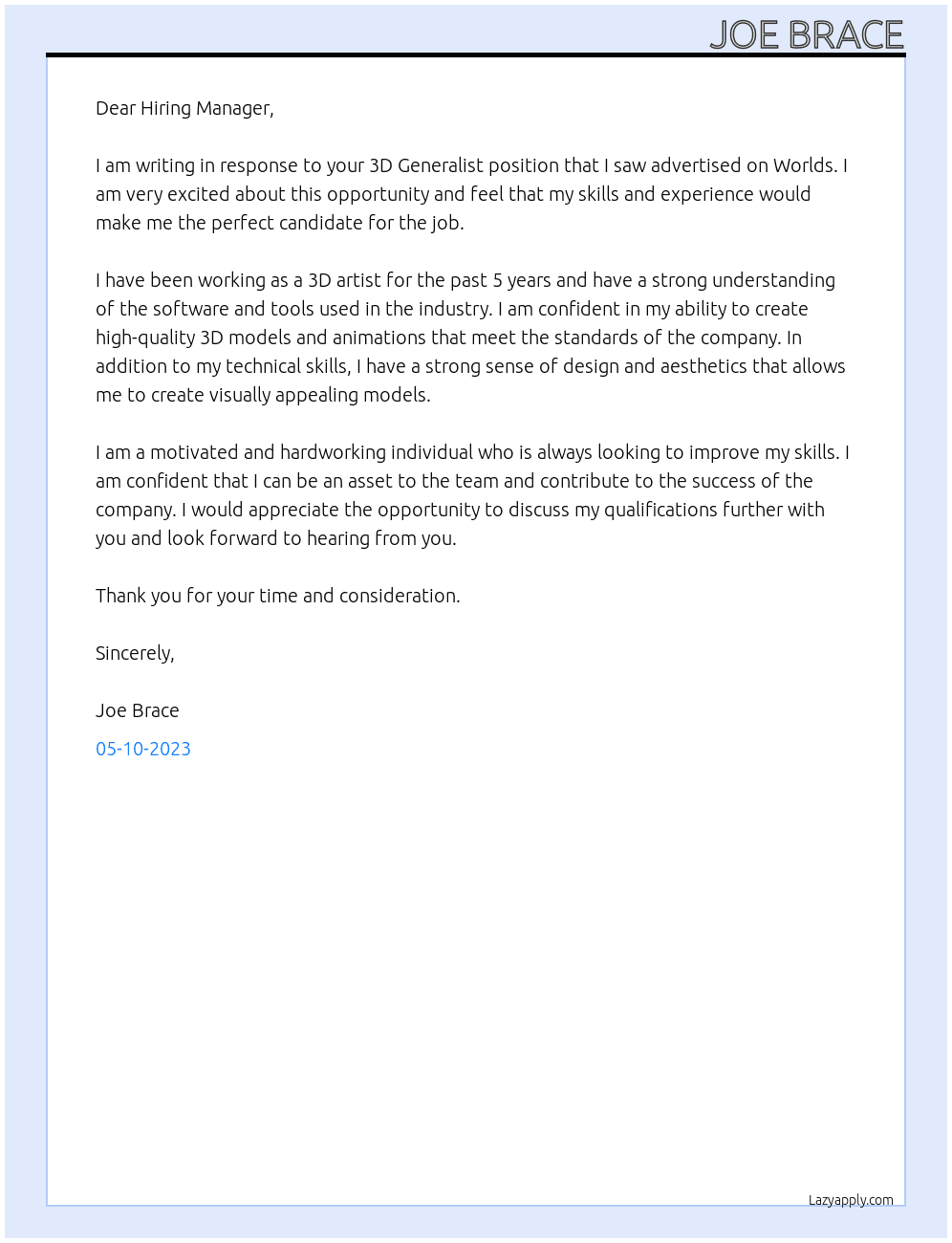 3D Generalist At Worlds Cover Letter
