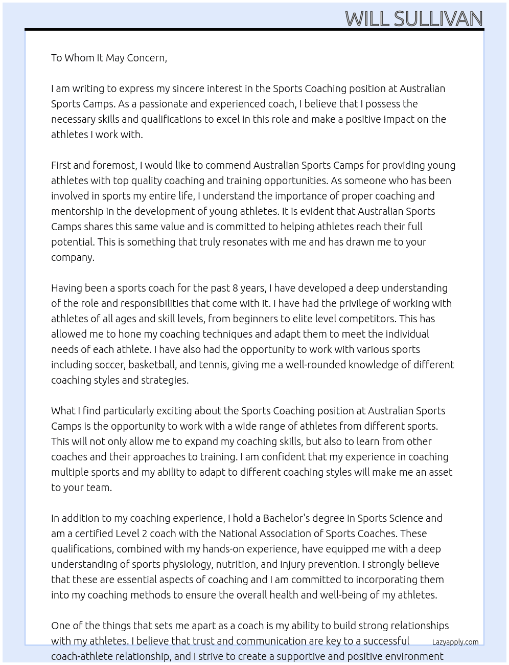 Sports Coaching At Australian Sports Camps Cover Letter