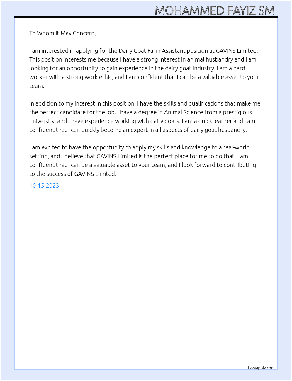 Dairy goat farm assistant  At GAVINS Limited Cover Letter