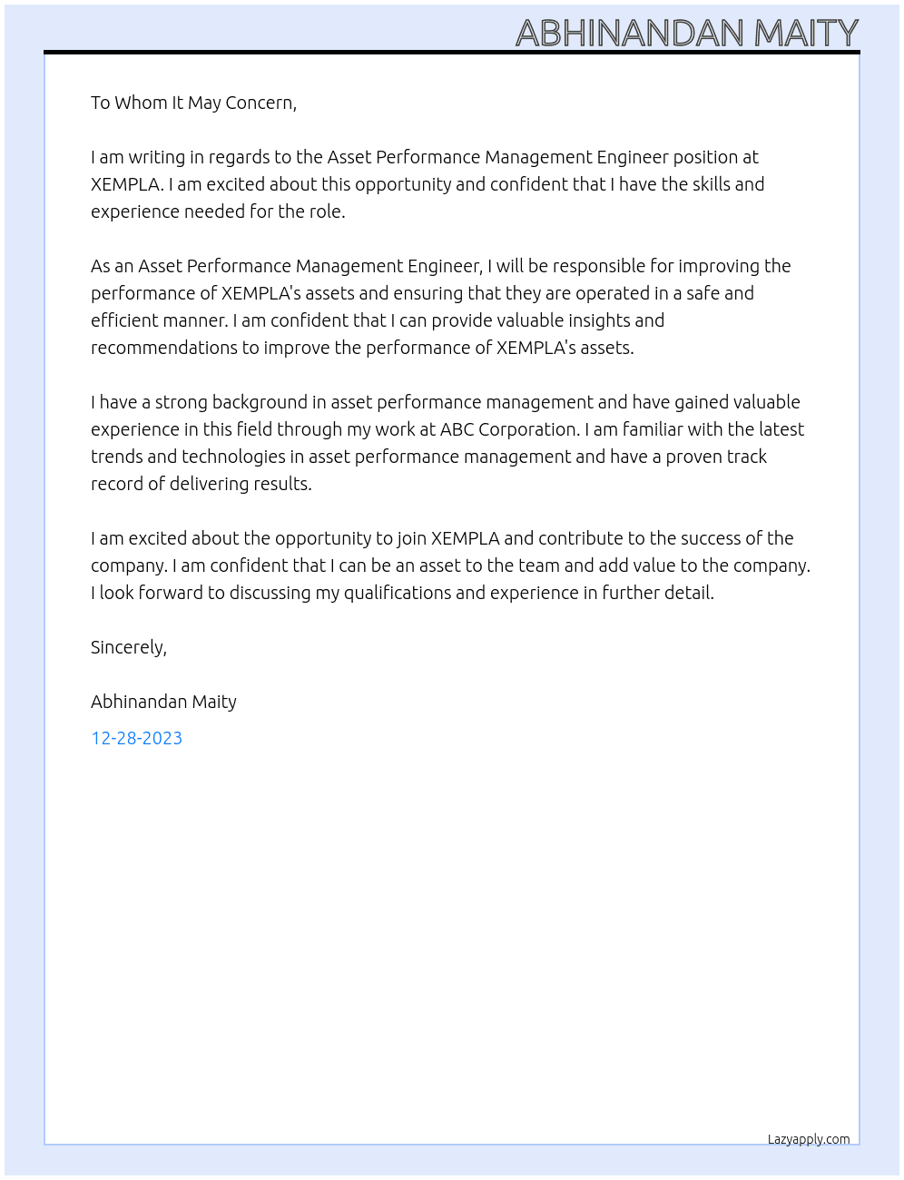 Asset Performance Management Engineer At XEMPLA Cover Letter