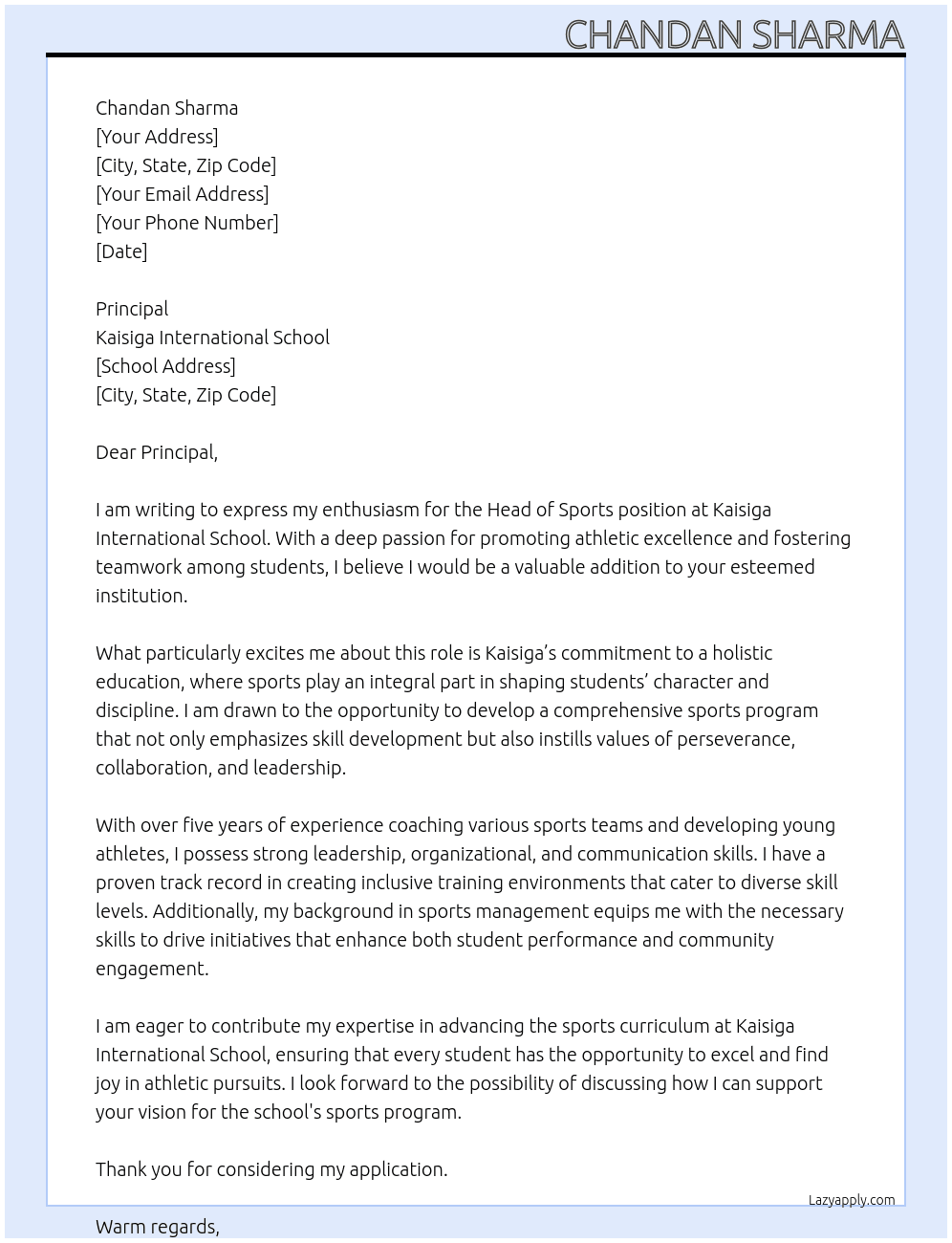 Head of sports At Kaisiga International School Cover Letter