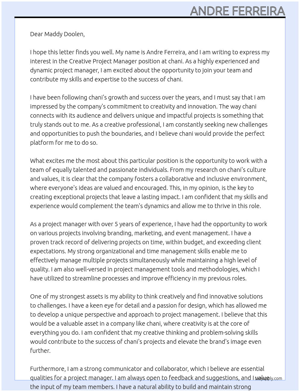 Creative Project Manager At chani Cover Letter