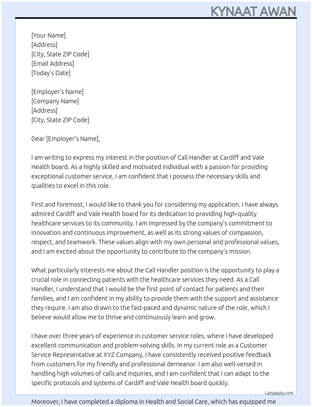 Call Handlet At Cardiff and Vale Health board Cover Letter