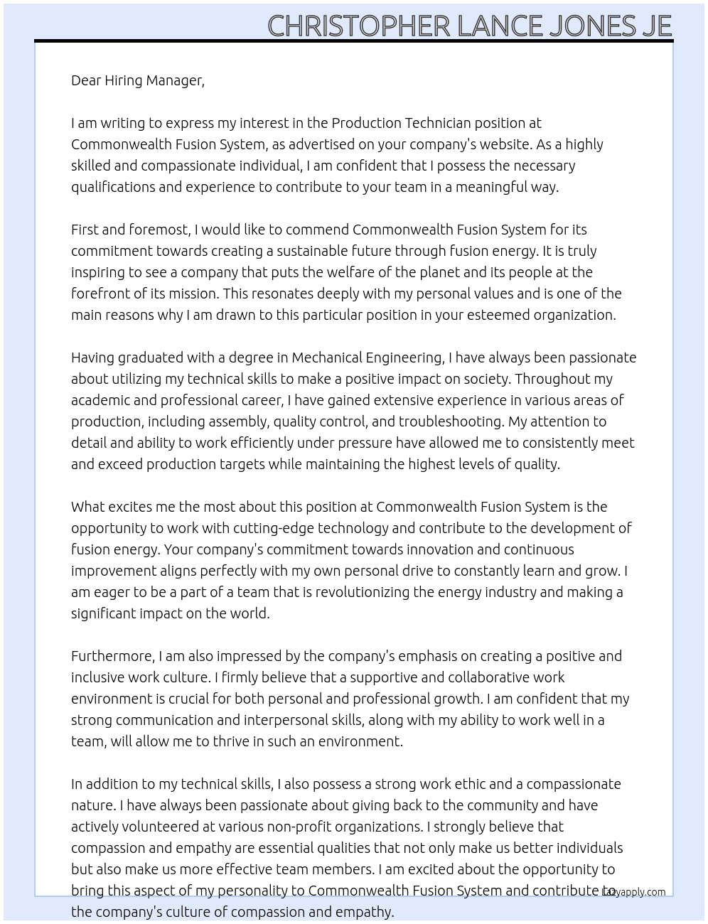 Production Technician  At Commonwealth Fusion System Cover Letter