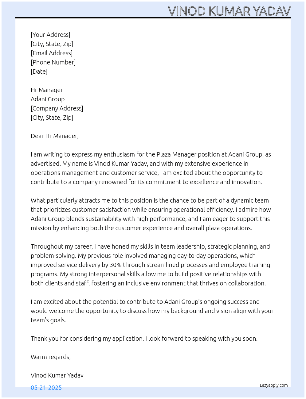 Cover letter for plaza manager - LazyApply