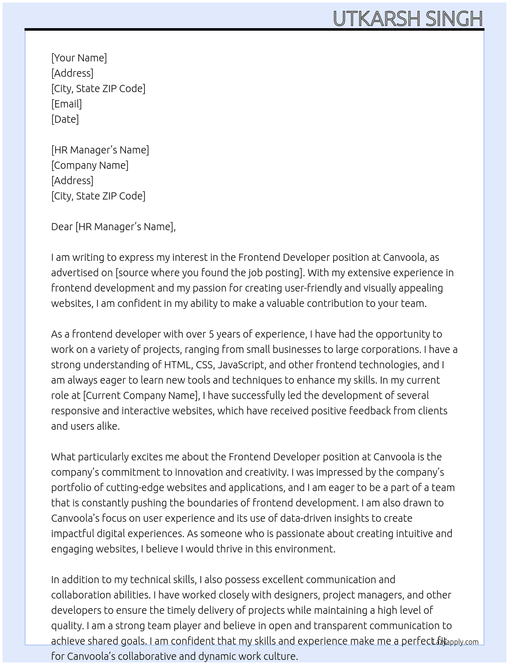 Frontend Developer At Canvoola Cover Letter