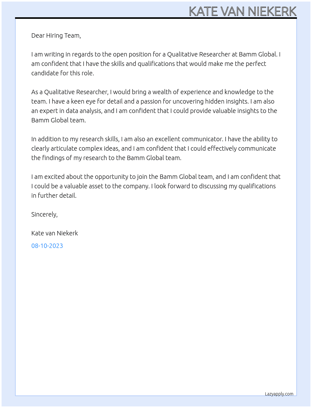 Qualitative researcher At Bamm Global Cover Letter