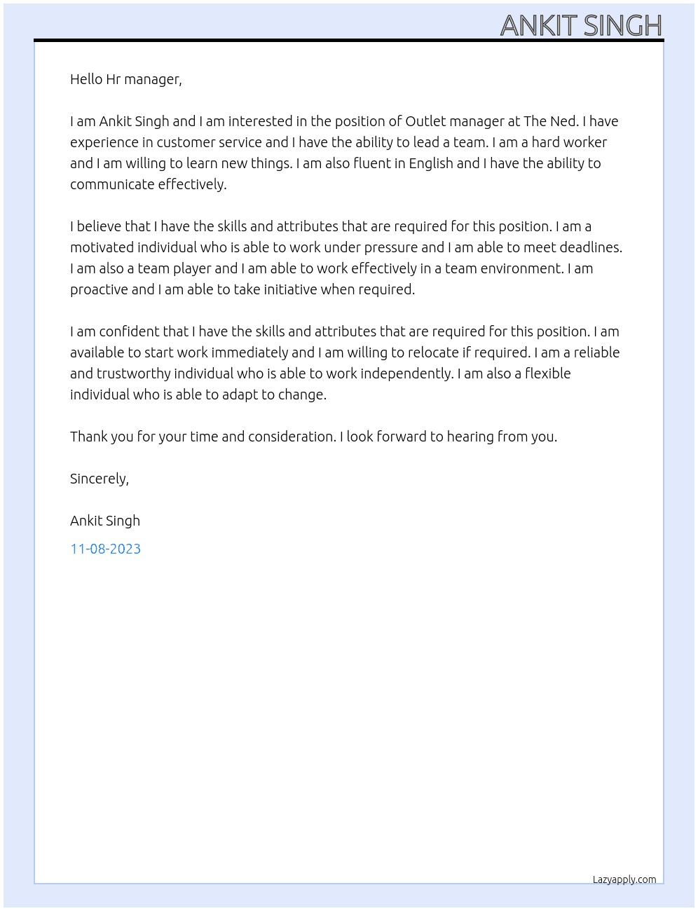 Outlet manager At The Ned Cover Letter