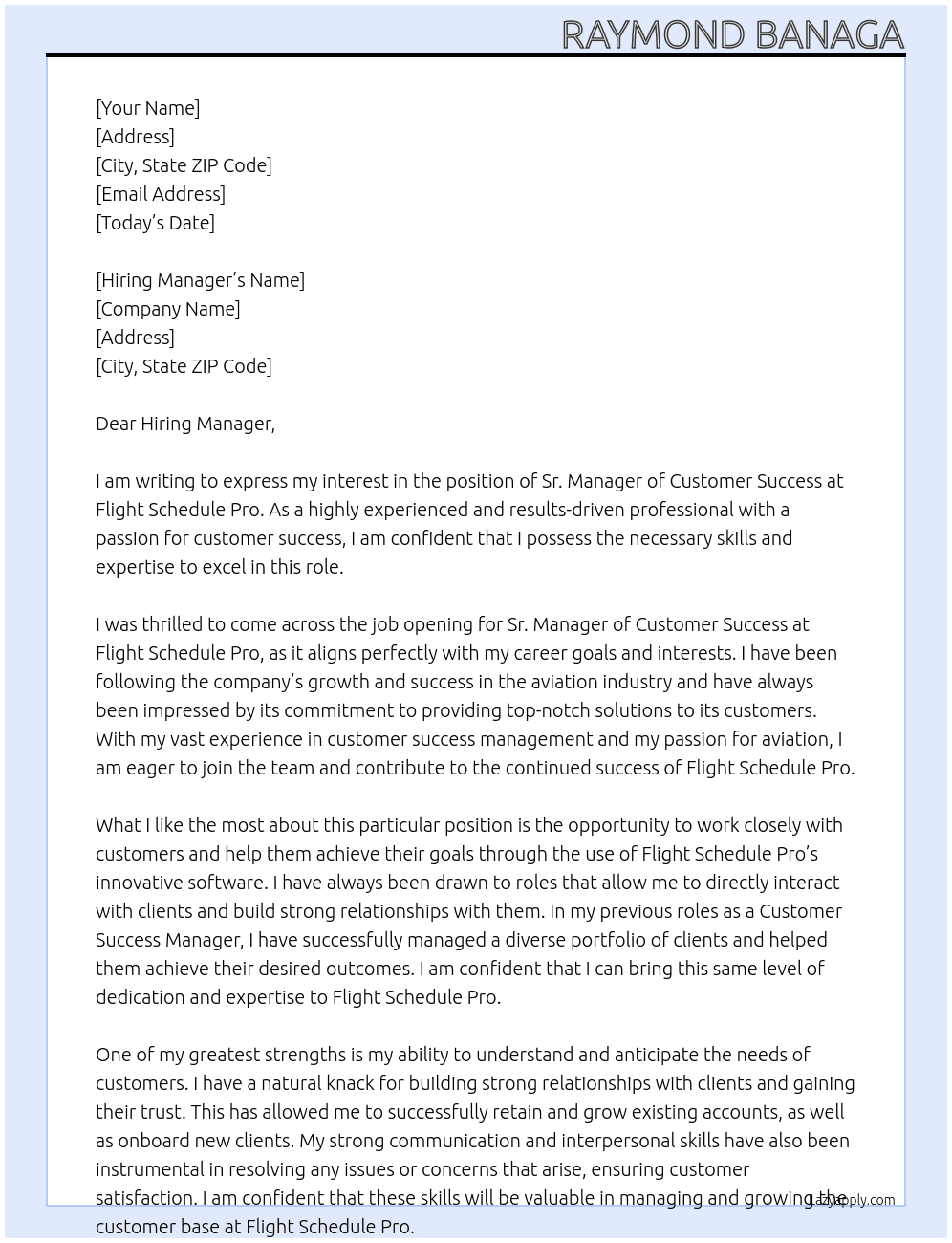 Sr. Manager of Customer Success At Flight Schedule Pro Cover Letter