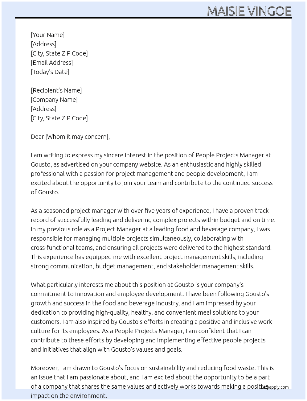 People Projects Manager London, United Kingdom At Gousto Cover Letter