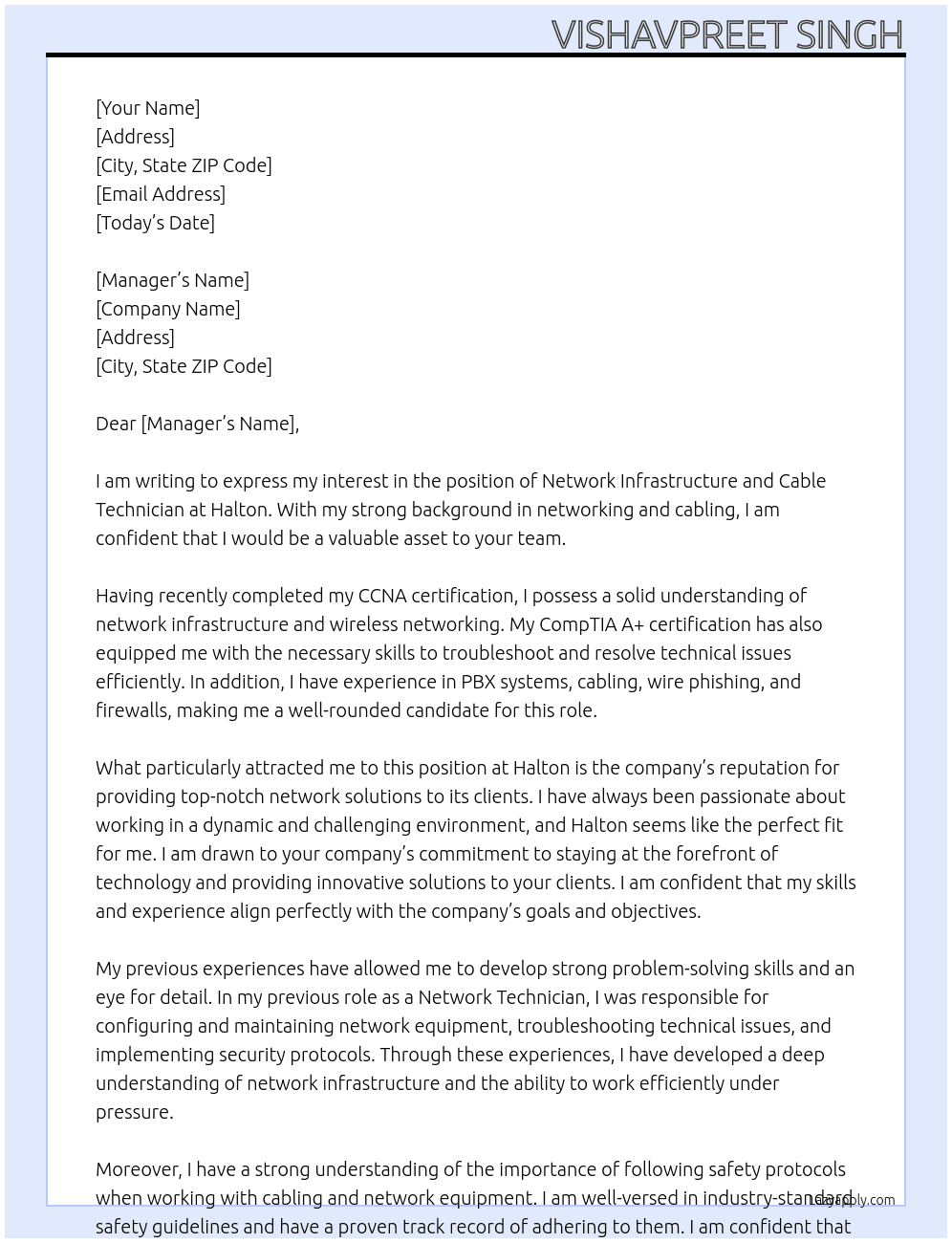 Network infrastructure and cable technician At Halton Cover Letter