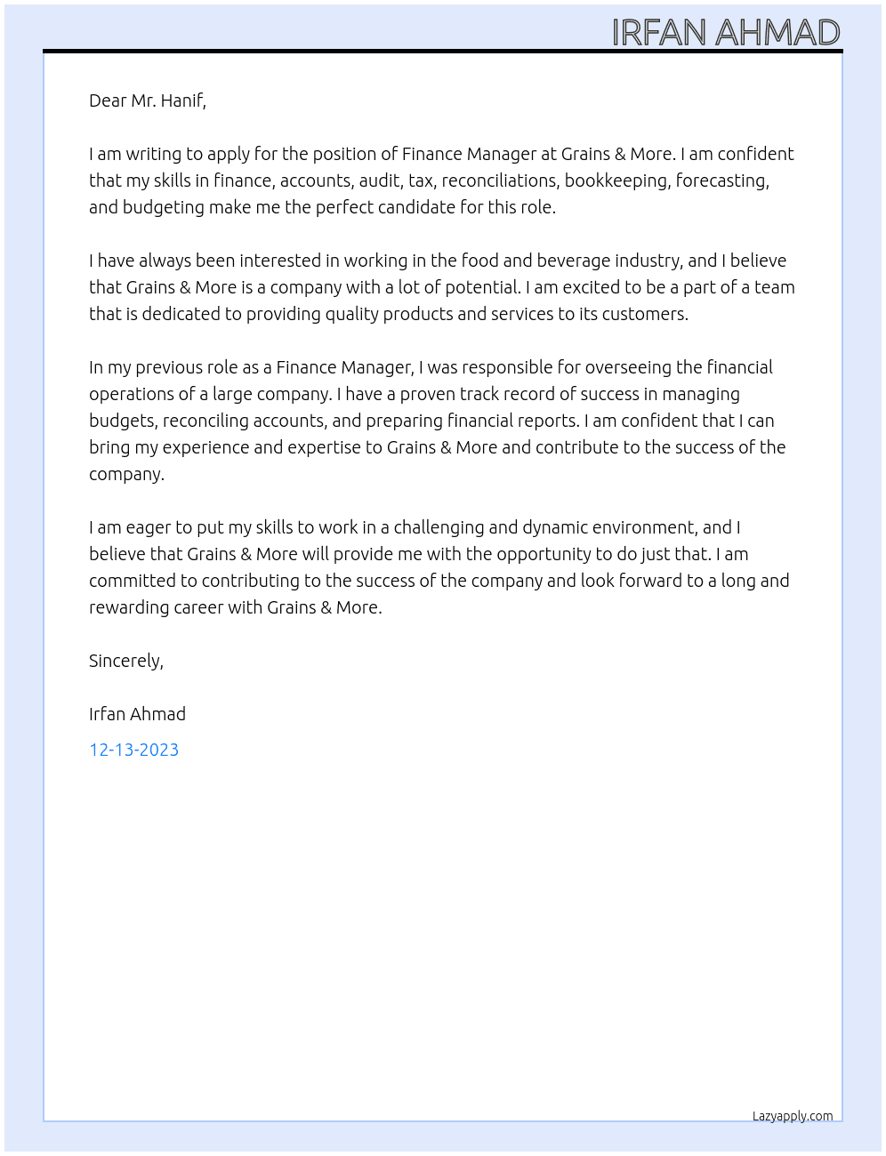 Finance Manager At Grains & More Cover Letter