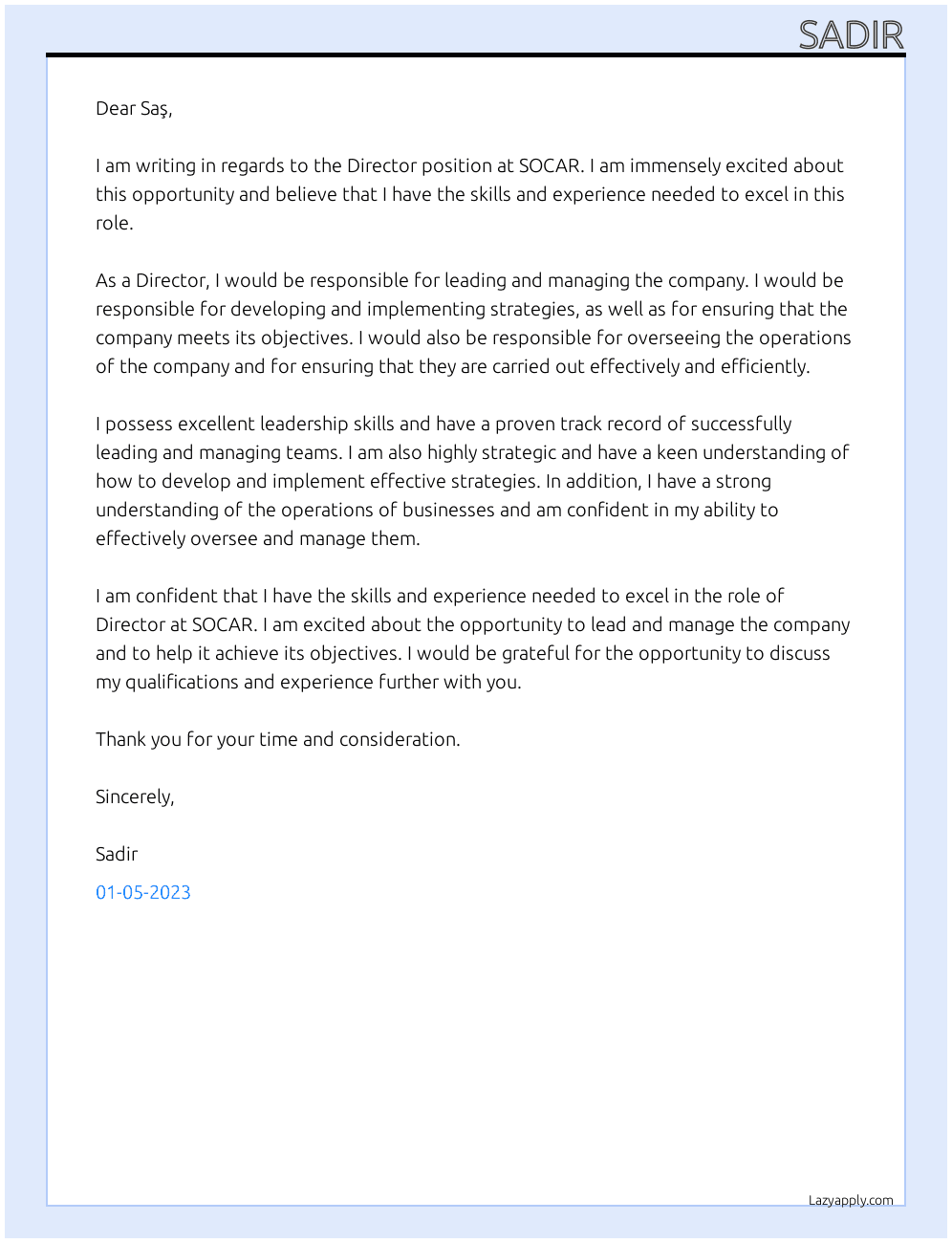 Director At SOCAR Cover Letter