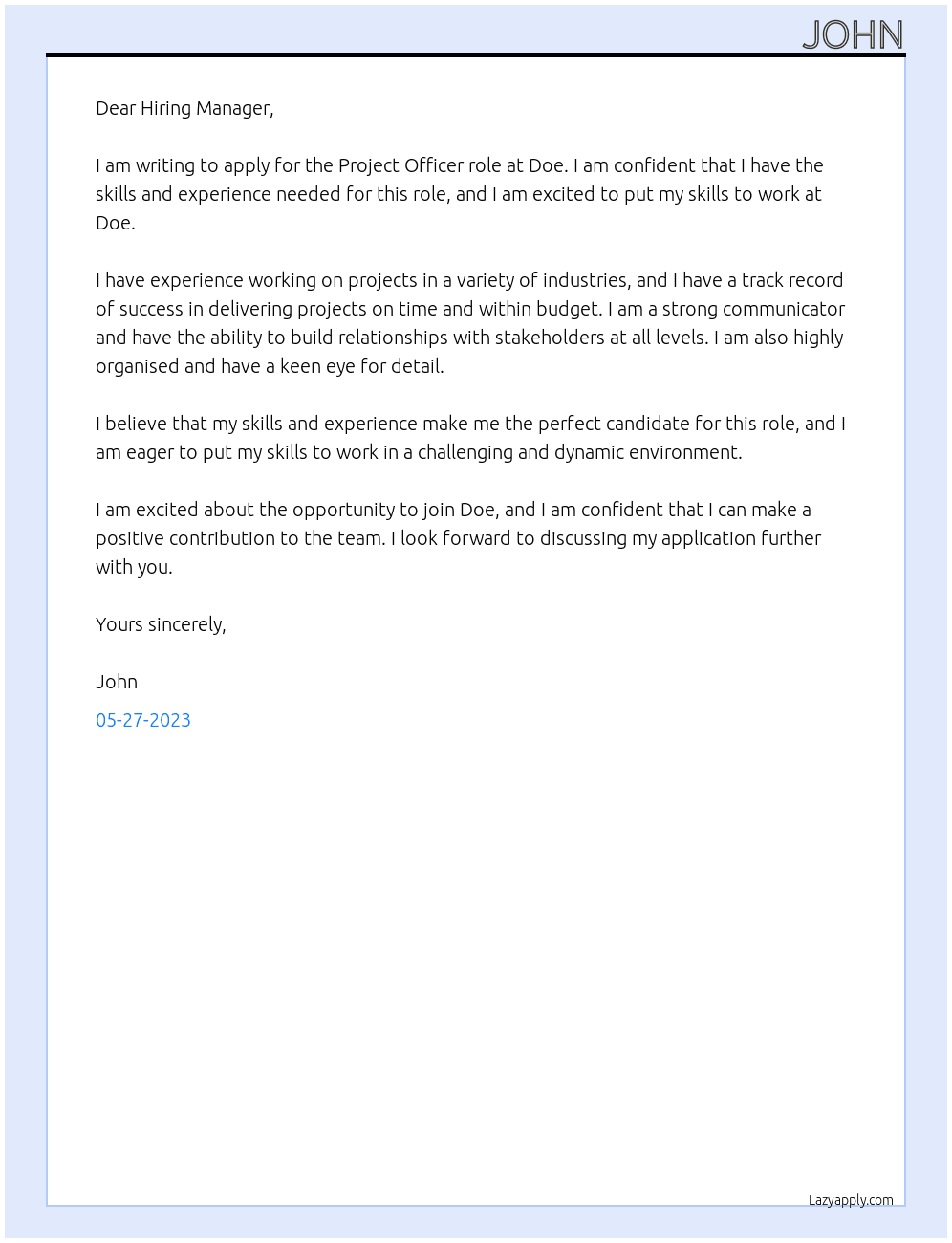 Project Officer At DOe Cover Letter