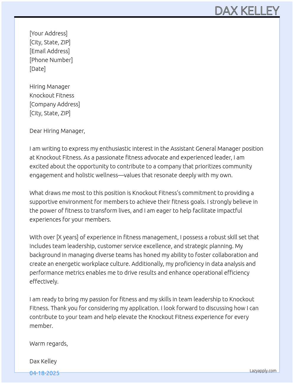 Assistant General Manager At Knockout Fitness Cover Letter