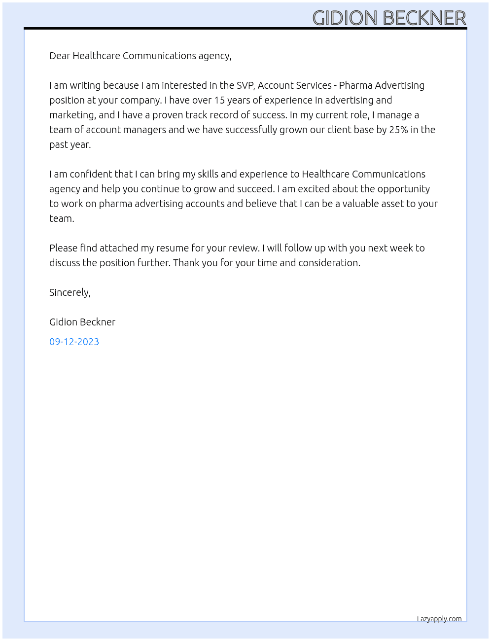 SVP, Account Services - Pharma Advertising At Healthcare Communications agency  Cover Letter