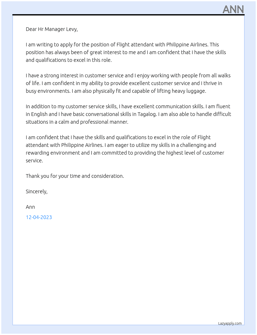 Flight attendant At Philippine Airlines Cover Letter