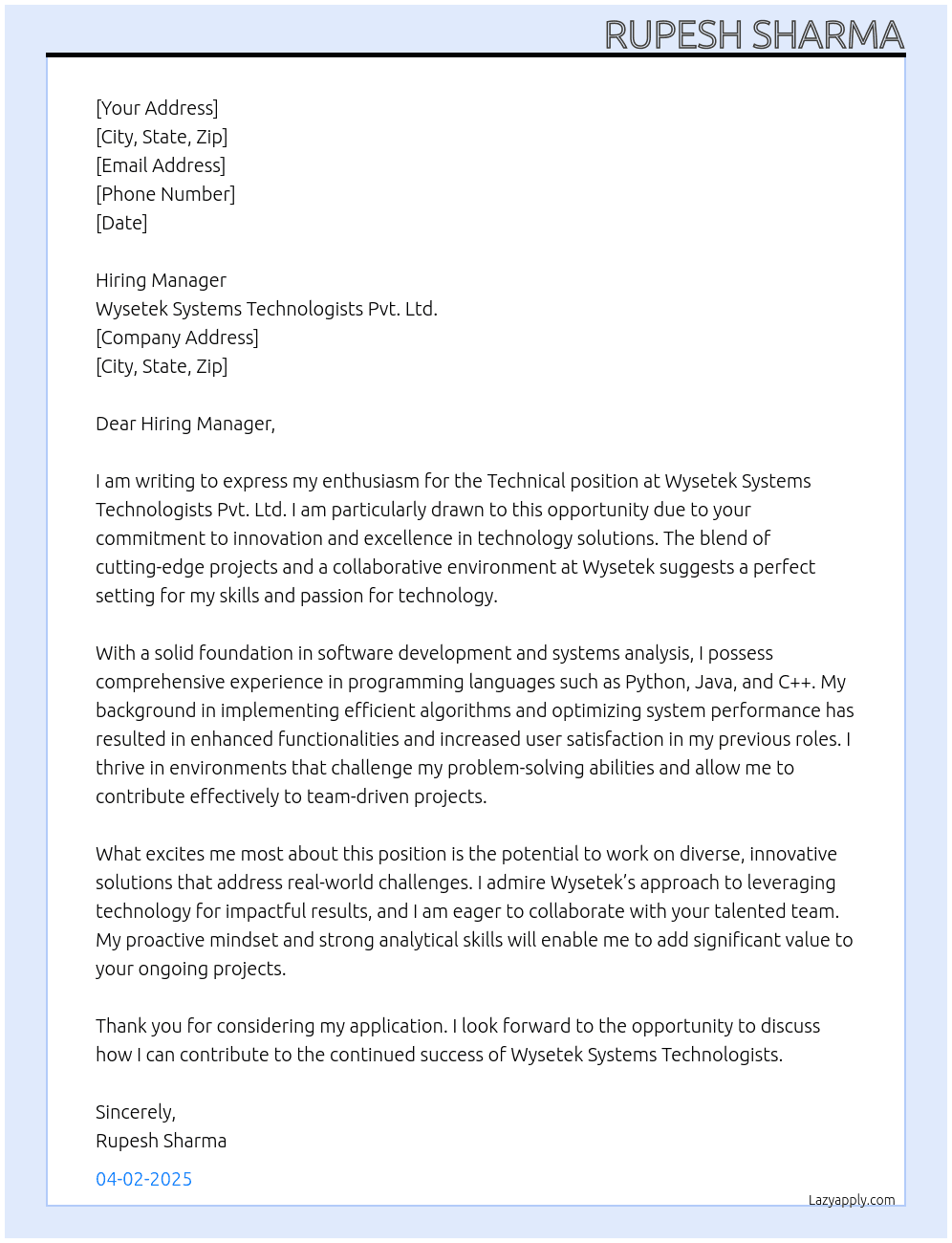 Technical At Wysetek Systems Technologists Pvt. Ltd Cover Letter