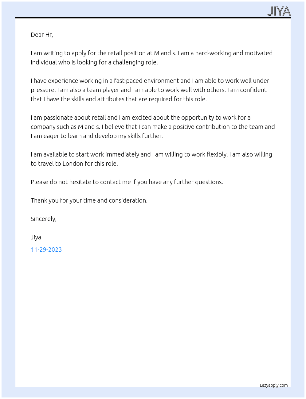 Retail  At M and s Cover Letter